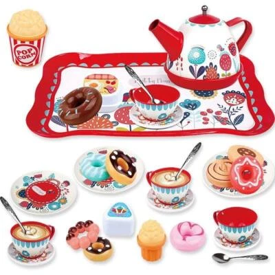 KOOLBITZ Kids Tea Set Party Pretend Play Tin Tea Set with Dessert Toys Indoor Game Set