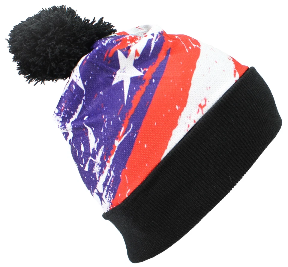 Los mejores sombreros de invierno con estampado de sublimación de bandera americana puños con pompón Foto 1 de 1