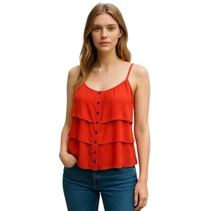 Apostrophe Red Orange Button Down Ruffle Pleated Boho Tank Blouse Top Petite XL - Picture 1 of 4