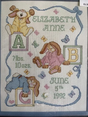 Sleepy Bunnies Birth Sampler Cross Stitch Kit Janlynn NIP 11x14 - Image 1 of 4