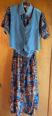 Blusa saia roupa feminina década de 1990 2 peças com colete "capacidade" ocidental retrô M/G - Imagem 1 de 4