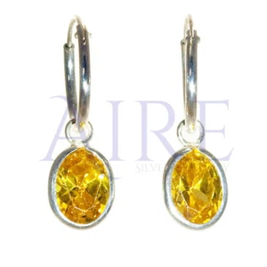 925 Sterling Silver Small Sleeper Style Hoop Earrings with Yellow Oval Stone - Picture 1 of 2