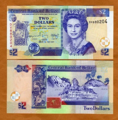 Belice, 2 dólares, 2021, QEII, P-66f, UNC Foto 1 de 3