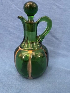 Vintage Green Glass Bottle w/ Stopper, Gold Leaf - Creamer? Perfume? Decor - Picture 1 of 11