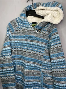 Koppen Sweater Womens XL Blue White Aztec Pattern Hoodie Pockets Sherpa 23x27 - Picture 1 of 8