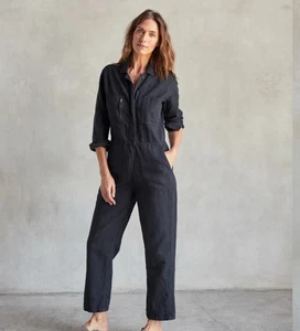 Tuta Outerknown S donna cotone biologico lino utility tuta nuova con etichetta $178 nera - Foto 1 di 14
