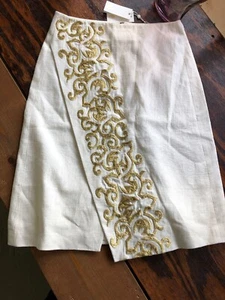 Tory Burch Kathleen Ivory W/Gold Asymmetrical Embroidered Skirt Size 6 NWT - Picture 1 of 7