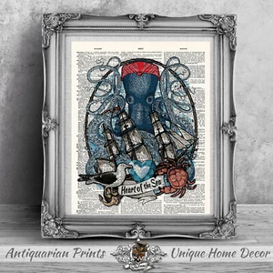OCTOPUS ILLUSTRATION SEASIDE NAUTICAL ART PRINT Blue Home Decor Bathroom - Picture 1 of 4