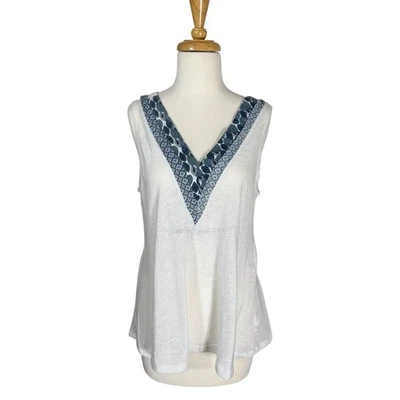 Moneda 1804 Mujer Talla S Lino Cuello en V Sin Mangas Top Azul Paisley Acento Foto 1 de 4