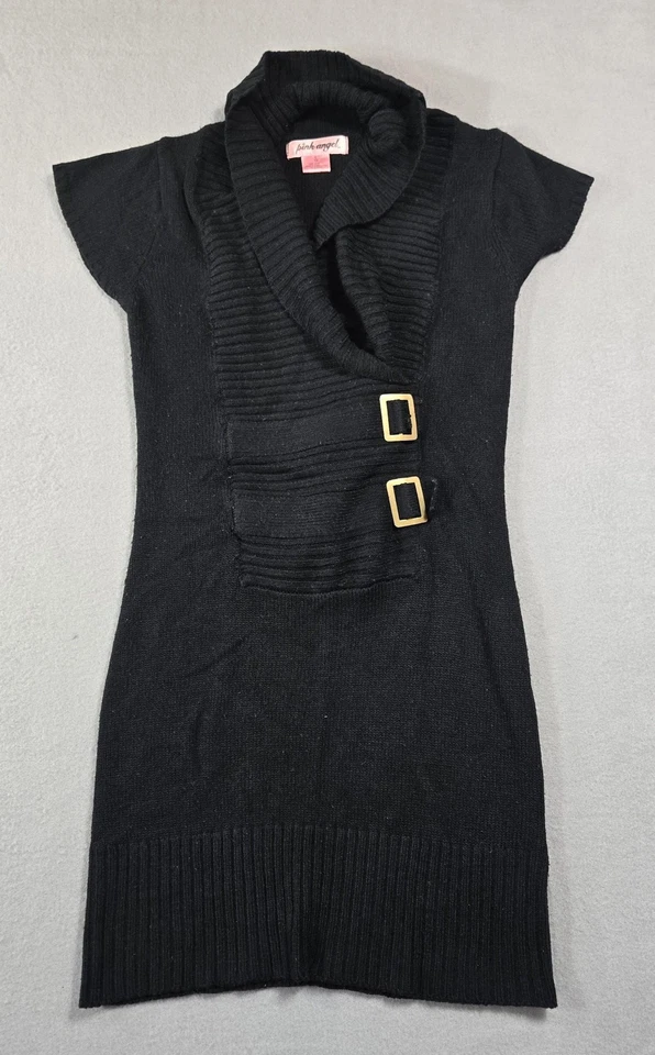 粉红色天使毛衣连衣裙女孩大号 14 黑色圆领短袖扣针织 — 第 1/4 张图片