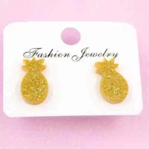 Womens Boho Cute Funky Gold Little Glitter Acrylic Pineapple Stud Earrings - Picture 1 of 2