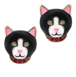 HEIDI DAUS TUXEDO CAT CRYSTAL & ENAMEL OMEGA EARRINGS-NIB-ADORABLE! - Picture 1 of 10