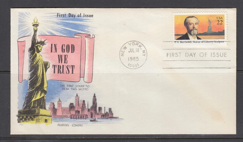 US Sc 2147 FDC 1985 22c Frederic Auguste Bartholdi, Fluegel cachet, unaddressed - Image 1 of 1