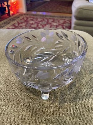 Vintage Floral Footed Cut Glass Etched Round Nut Bowl 7.5” Diameter (BCL) - Image 1 of 4