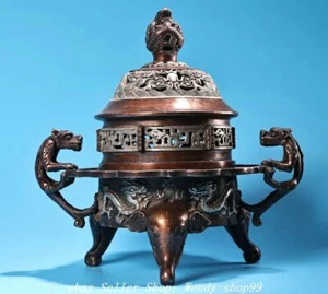 8" DaMing Xuande Copper Silver Dragon Pixiu Elephant Head Incense Burner Censer - Picture 1 of 9