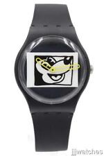 New Swiss Swatch MICKEY BLANC SUR NOIR Black Silicone Watch 40mm SUOZ337 $130