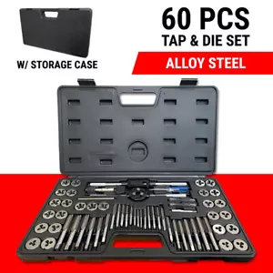 60 PCS Tap and Die Set Alloy Steel Tool Set SAE & Metric Screw Threading Wrench - Picture 1 of 6