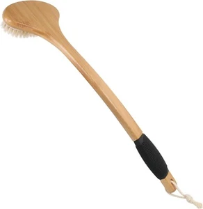 Back Scrub Brush for Shower,Stiff Boar Bristles Bamboo Curved Long Handle Antisk - Picture 1 of 7