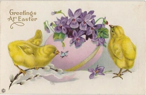 Postcard Greetings at Easter Chicks Egg Pussy Willow Butterfly Embossed Unposted - Picture 1 of 2