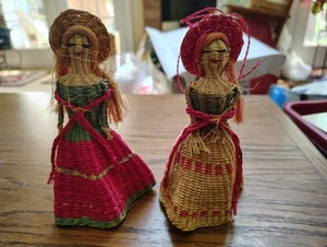 Vintage Central American Native Dry Grass Woven Doll 5.5” Tall Ornament Bells - Picture 1 of 3