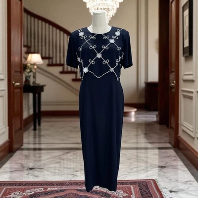 Vintage Miss Scarlett Navy Floral Applique Maxi Dress SZ 16 Elegant Timeless - Image 1 of 4
