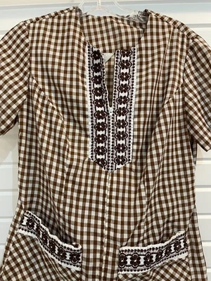 Vestido Vintage Marrón Blanco Guinga Cremallera Bordado Rockabilly Granny Core Foto 1 de 4