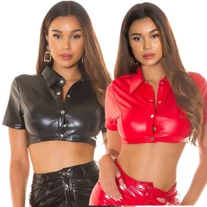 Leather Look Crop Top Short Sleeved Shirt Collared Wet Look KouCla - Black & Red - Picture 1 of 14