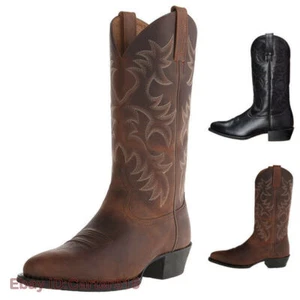 Men Pointed Toe Western Cowboy Boots Embroidery PU Leather High Top Pirate Shoes - Picture 1 of 16