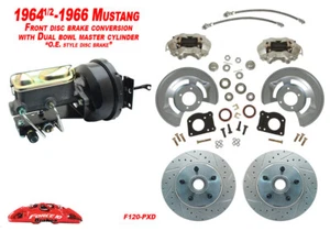 1964-66 Mustang Front Power Disc Brake Kit, Red Calipers - Alum Master Cylinder - Picture 1 of 12
