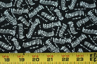 16" Long, Vintage, White Music Scales on Black Cotton, Fabric Tradition, P1901 - Image 1 of 4