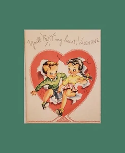 Antico biglietto di auguri San Valentino quarto pieghevole ragazzo ragazza campana d'oro anni '30 upcycle - Foto 1 di 5