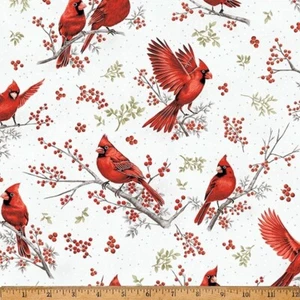 Hoffman Berries and Birch X7796 176S Ice/Silver Cardinal on Branch Toss Cotton - Picture 1 of 1