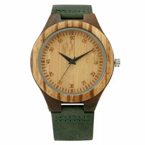Simple Design Men's Bamboo Quartz Analog Wrist Watch Soft Leather Strap Bangle - Picture 1 of 15