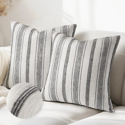 Fundas de almohada decorativas de lino de granja 18x18, beige con chenill gris... Foto 1 de 4