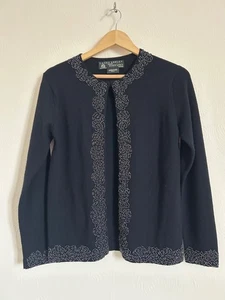 Laura Ashley Strickjacke 100% reine Merinowolle Gr. Small schwarz Perlen vorne offen - Bild 1 von 8