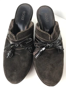Ecco Womens Brown Suede Wedge Heels Mules Clogs Shoes Bows EU 37 US 6.5-7 - Picture 1 of 6