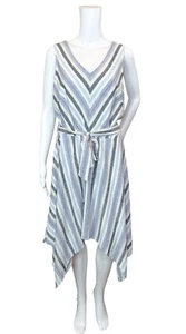 Hope & Harlow Dress 16 White Blue Linen Blend Chevron Striped Handkerchief Hem - Picture 1 of 7