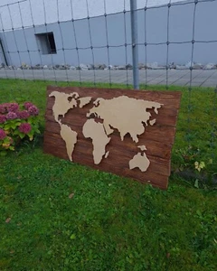 World Map Dark Wood Canvas Wall Art, Home Map Decor Rustical - Picture 1 of 8