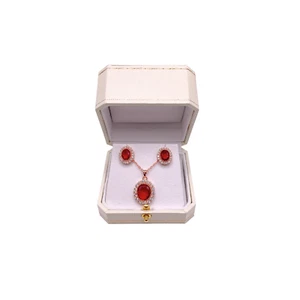 Rose Gold Finish Oval Cut Red Ruby And Created Diamond Earrings and Pendant Set - Picture 1 of 4