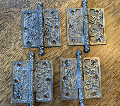 4  Antique Eastlake Victorian Steel  Cannonball Hinges 4" x 4"   Clark & Co Cover