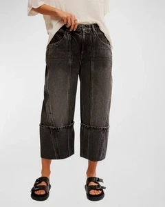 Free People Olsen Cuffed Crop Barrel Jeans We The Free Taper Barrel Black 28 NWT - Picture 1 of 11