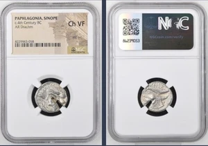 365-322BC NGC Graded Silver Drachm Greece Nymph Eagle Dolphin Paphlagonia Sinope - Picture 1 of 11