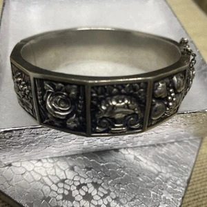 Vintage Portugal Sterling Silver Topazio Panel Bracelet Embossed Crops Flowers - Picture 1 of 7