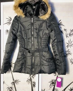 New Rampage Faux-Fur-Trimmed Belted Puffer Coat with Hood Size XS FREE SHIPPING - Picture 1 of 4