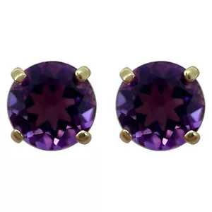 Natural Vivid Purple Amethyst 9k Yellow Gold 5mm Round Cut Stud Earrings 5mm - Picture 1 of 6