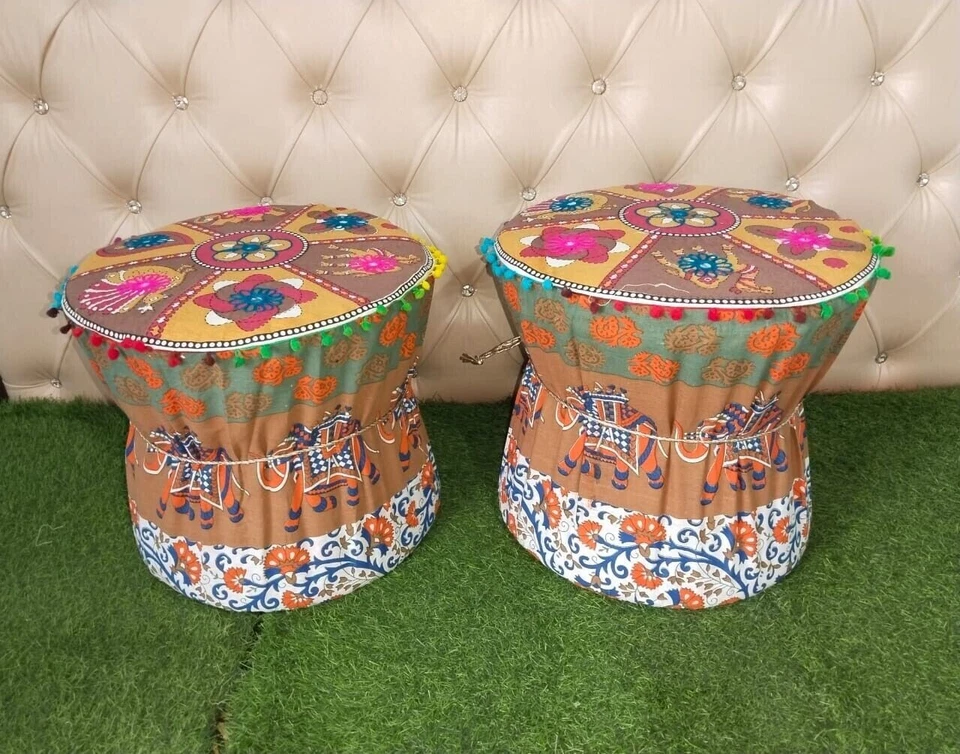 Juego de 2 cubiertas redondas Bohemian Throw Brown Puff Cover 18" algodón reposapiés Mudda Foto 1 de 4