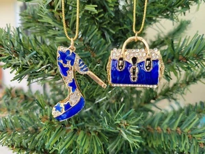 Rhinestone Christmas Ornament 2-Piece Set Blue High Heel Shoe + Purse Bag NEW - Picture 1 of 9