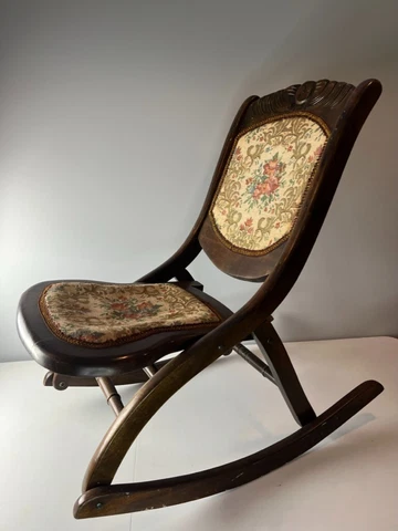 UNIQUE! Vintage Needlepoint Tapestry Carved Wood FOLDING Rocking Chair / Rocker Cover