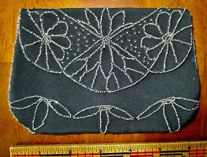 VINTAGE ART DECO EVENING BAG SMALL BLACK BEADED HAND CLUTCH PURSE BAG 6"x4" - Picture 1 of 6