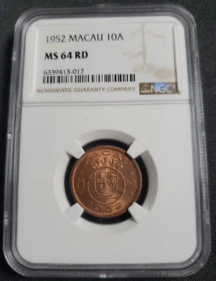 1952 Macau 10 Avos Bronze Coin China Portugal NGC MS 64 RD - Image 1 of 4